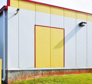 exterior wall of AA Self Storage building in Lynchburg VA showing yellow and white panels with security camera and red trim