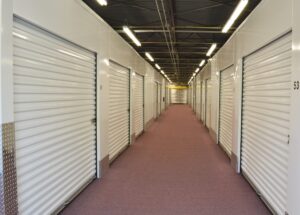 long interior hallway lined with climate controlled storage units at AA Self Storage facility in Lynchburg VA