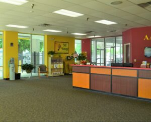 spacious and welcoming reception area inside the AA Self Storage leasing office in Raleigh NC