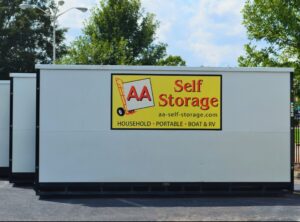 large white portable storage container with AA Self Storage branding at the Raleigh NC facility