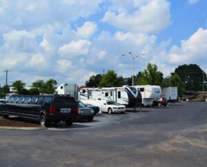 boat and RV storage parking area at AA Self Storage in Raleigh NC with wide drive aisles and outdoor parking spaces