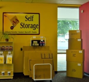 sturdy moving boxes and packing supplies available for purchase inside the AA Self Storage office in Raleigh NC
