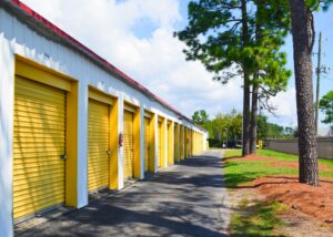 standard drive up self storage units in Wilmington NC surrounded by trees and wide paved driveways