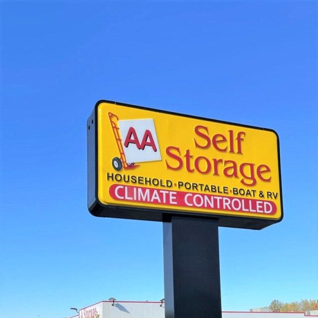 A sign of AA Self Storage, a self storage facility with locations in NC and VA.