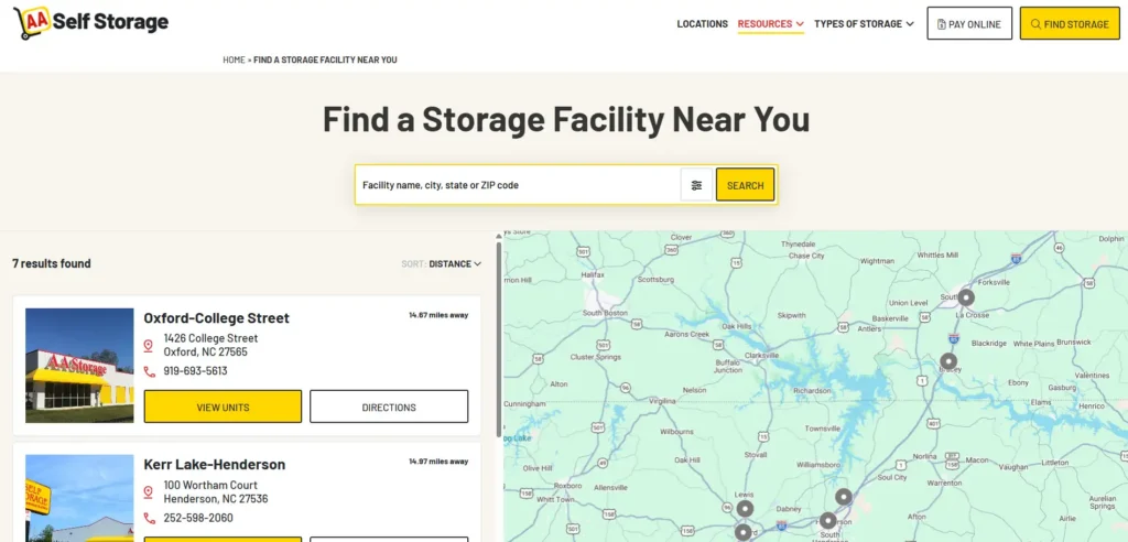 aa self storage new search